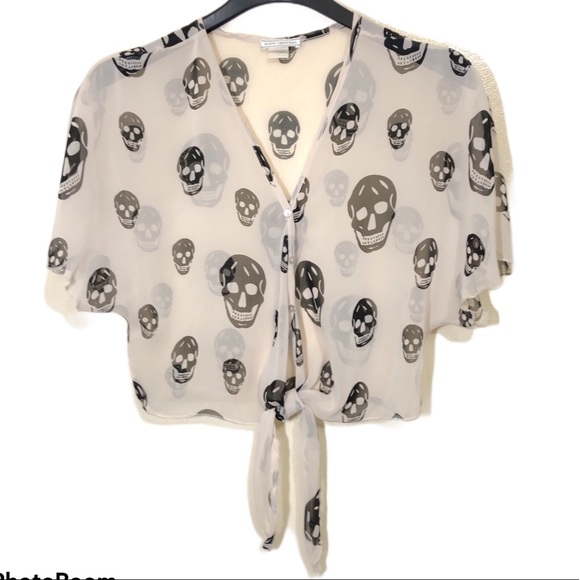 Body Central Tops - Body Central Sheer Cropped Tie Front Skull Top